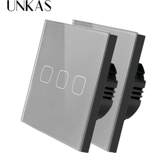 UNKAS Gray Tempered Crystal Glass Panel EU Standard 3 Gang 1 Way Wall Light Touch Screen Switch 2 Pcs Pack 86MM*86MM