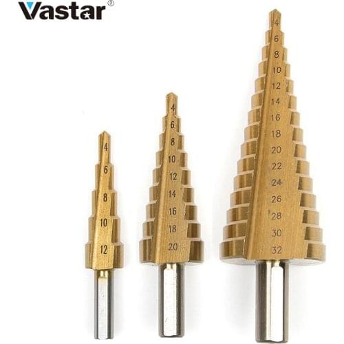 Vastar HSS Metric Spiral Flute The Pagoda Shape Hole Cutter 4-12/20/32mm Steel Cone Drill Bit Set Steel Step Sharpening