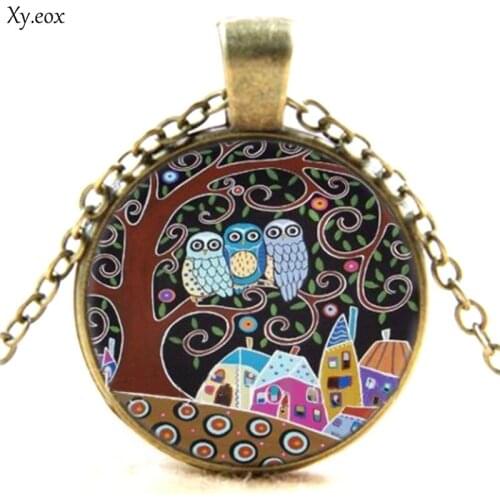 Vintage Bronze Owl Glass Cabochon Pendant Charm Necklace Womens Jewelry