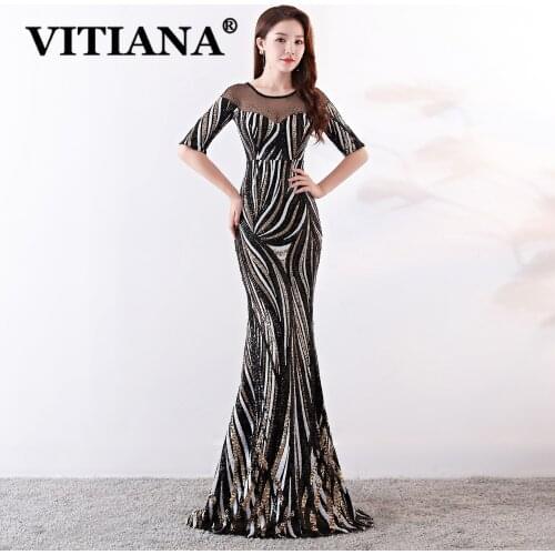 VITIANA Women Sequined Mesh Sexy Long Dress Female Short Sleeve Elegant Trumpet Night Dresses Femme Host Noble Banquet Vestidos