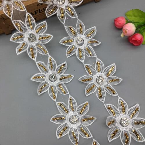 1 yard 6.8cm White 3D Flower Gold Glitter Rhinestones Embroidered Lace Trim Applique Ribbon Fabric Sewing Craft Wedding Dress