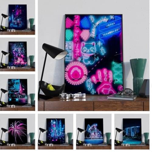 WTQ Street View Mirage Neon Lights Retro Poster Canvas Painting Anime Posters Wall Decor Poster Wall Art Picture Home Decor