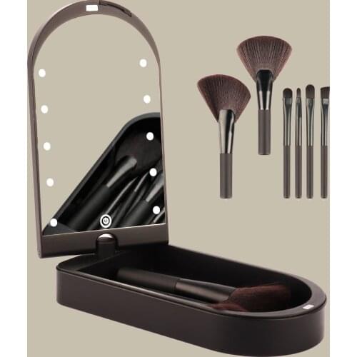 LED Lighted Makeup Cosmetic Mirror 6-Piece Makeup Brush Set Folding Rotary Makeup Mirror Box Makeup Cover Brush Beauty Tool