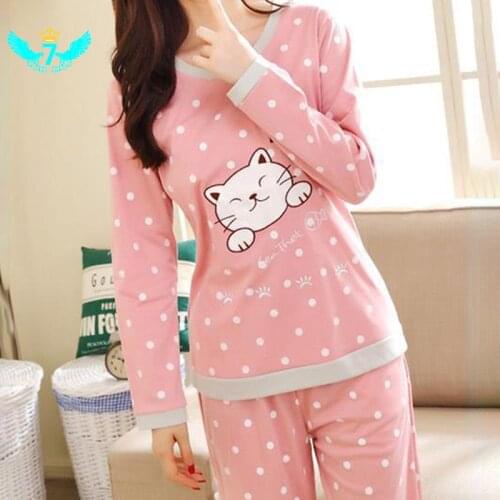 Female long-sleeved trousers home service polka dot pajamas spring and autumn cartoon cute cat loose pajamas TOA