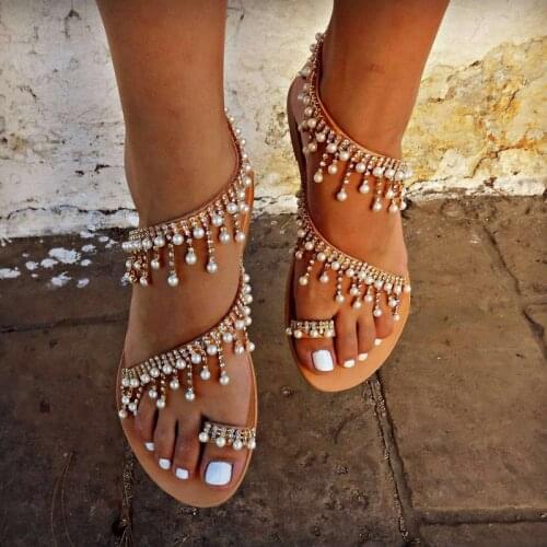 Roman Pearl Sandals Handmade Beaded Flat Sandals Women Sandals Shoes for Women Women Shoes Shoes Sandals
