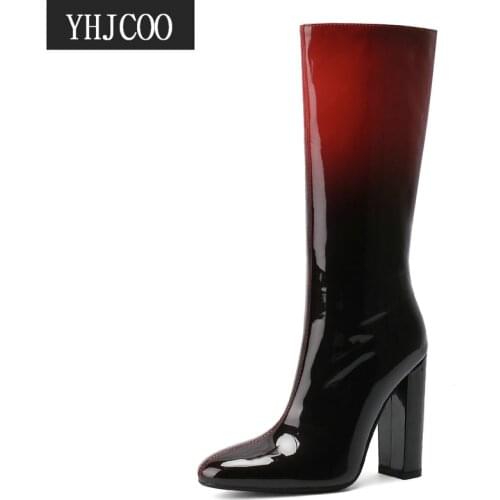 2021 New Women Fashion Boots High Chunky Heels Pointed Toe Black Mid Calf Boots Knee High Boots for Women Wide Calf Shoes Woman