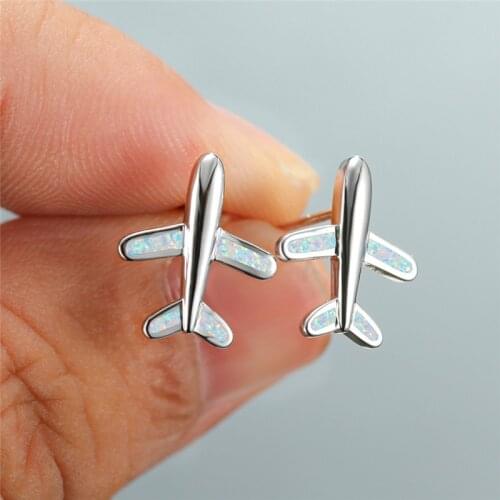 Boho Female White Blue Opal Earrings Rose Gold Silver Color Wedding Earring Cute Aircraft Small Stud Earrings For Women