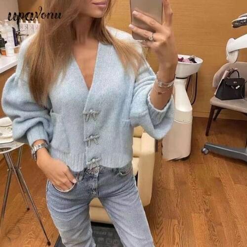 Free Shipping V-neck Long Sleeve Diamond Bow Button Short Knit Jacket 2021 Autumn Casual Womens Knitted Sweater Cardigan Jacket