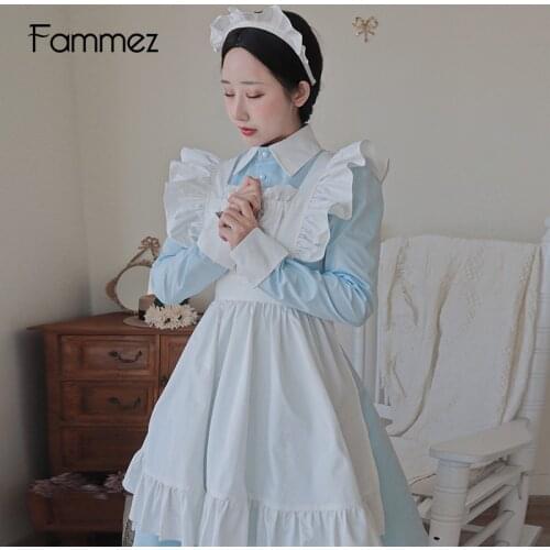 Blue Waitress Uniform Long Sleeves Cosplay Maid Outfit Performance Costume Girls Lingerie from M to XXL