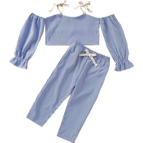1-6Y Autumn Fashion Kids Girls 2pcs Sets Striped Printed Off Shoulder Long Sleeve T Shirts Pants Clothes Sets