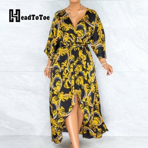 Fashion Printed Long Sleeve V Neck Casual Maxi Dress Women