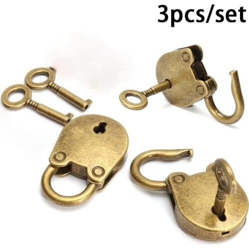 3 Pcs/Set Metal Old Vintage Style Mini Padlock Small Luggage Box Padlock Key Lock Copper Color Home Usage Hardware Decoration