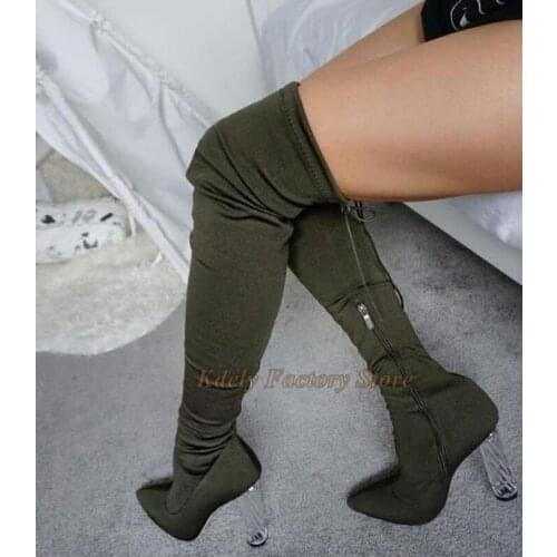 Army Grenn Suede Leather Chunky Heeled Over The Knee Long Boots Women Transpatent PVC heeled Thigh High Gladiator Fashion Booty