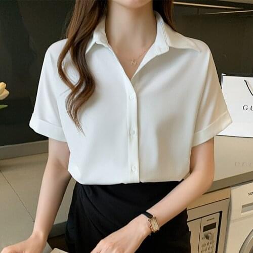White Satin Shirt Womens Elegant Fashion 2021 Short Sleeve Top Retro Button Up Shirt V-Neck Solid Blusas Female Blouses 1100