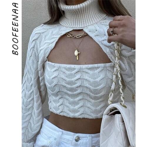 BOOFEENAA White Turtleneck Sweater Long Sleeve Pullovers with Tank Top Cami 2 Piece Women Knitwear Ladies Winter Clothes C71GD32
