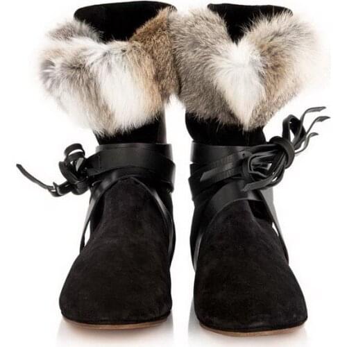 Real Rabbit Fur Collar down Ankle Boots Suede Leather Patchwork Strappy Bandage Martin Boots Women Height Increasing Botte Shoes