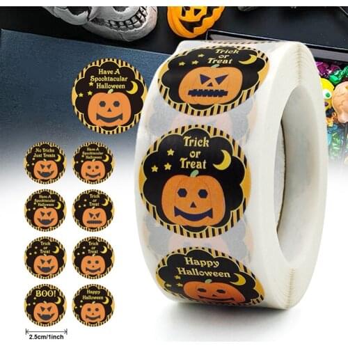 Kids Cartoon Pumpkins Sticker Roll Colorful 500-Count Stickers Round Grimace Sticker Halloween Party Gift Supply SCVD889