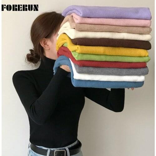 FORERUN Turtleneck Women Ribbed Top Solid Long Sleeve Candy Colors Pullover Back To The Basics Simple Sweaters Factory Supply
