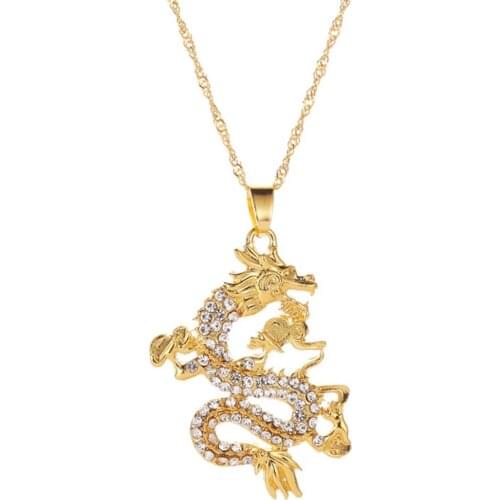 Crystal Dragon Pendant Necklace Zodiac Animal Jewelry Charms Men Sweater Long Chain Trendy Unisex Punk Dragon Necklace