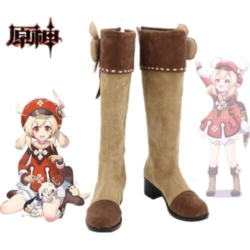 Game Genshin Impact Cosplay Shoes Klee Cosplay Boots Zipper Women Chunky Heel Shoes Round Toe Ladies Knee High Boots Customized