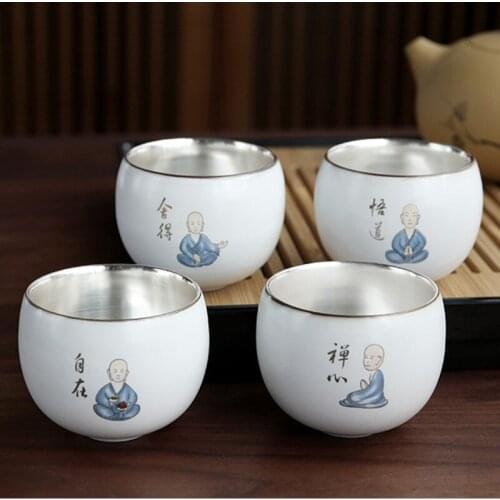 Zen Tea Cup Ceramic Pure Handmade Tea Master Cup 999 Pure Silver Tea Cup Handmade Silver Plated Teacup Single Small Tea Bowl
