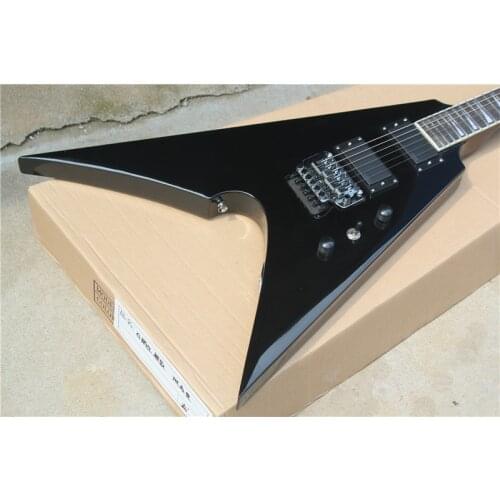 Custom 6 string guitar,irregular V shape black body ,shell inlay,tremolo bridge, HHpickups,active battery