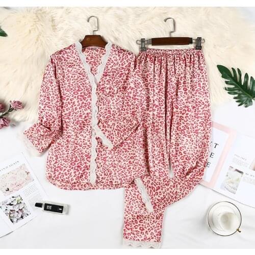2PCS Print Pyjamas Sleep Suit Womens Long Sleeve Pajamas Sets Spring V-Neck Satin Lace Sleepwear Casual Home Wear Nightwear
