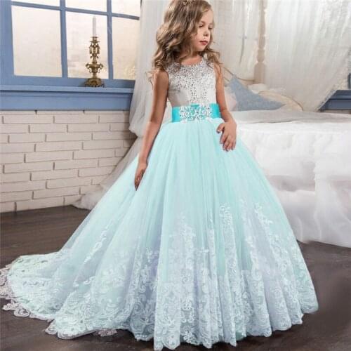 Flower Girls Wedding Ceremony Embroidery Lace Trailing Dress Kids Floral Ball Gown Dresses for Girls Formal Evening Clothing