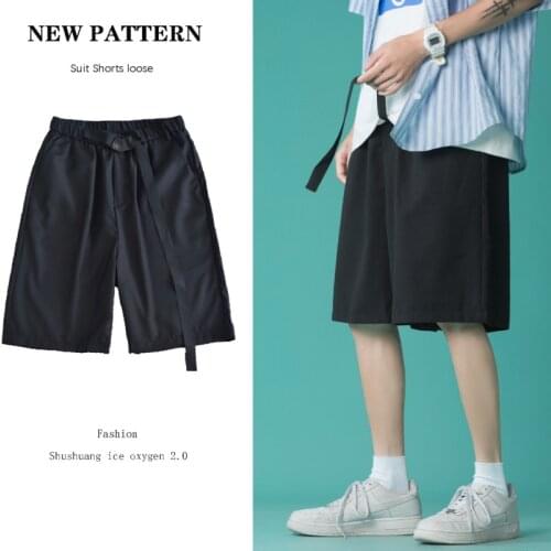 Summer Belt Suit Shorts Mens Fashion Gray Black Formal Dress Shorts Men Korean Loose Elastic Waist Casual Shorts Mens M-2XL
