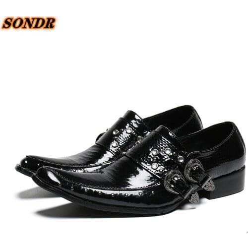 Fashion Genuine Leather Metal Buckle Mens Dress Rivet Shoes Formal Wedding Office Man Pointed Toe Business Shoes Zapatos Hombre