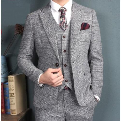 British Style Grey Plaid Men Suits One Button Wedding Groom Tuxedos men bussiness Blazer suits 2017(jacket+pant+vest)