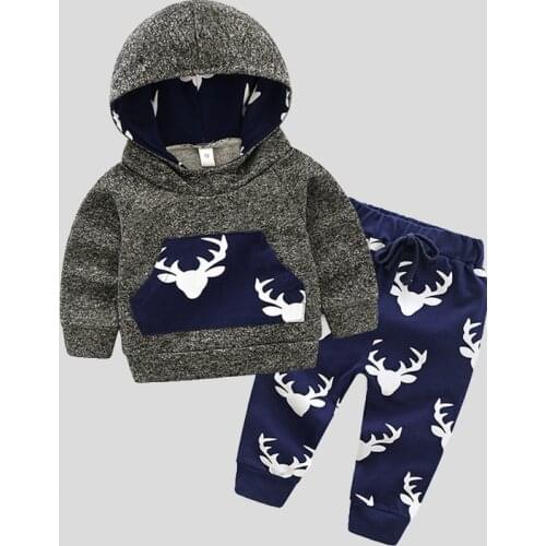 New Autumn Deer Head Printed Childrens Sweater Long Sleeve Boys Sports Hooded Baby Set