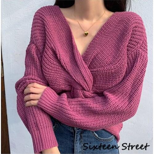 New Woman Sweater Korea Criss Cross Designs Sexy Knitted Female Pullovers Solid Vintage Long Sleeve V Neck Autumn Winter 2021