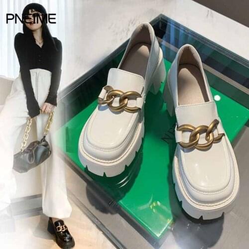 New Womens British Style Small Leather Shoes Womens Thick-heeled Flat Shoes White Patent Leather Chain Loafers Platform Shoes