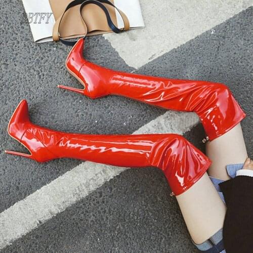 New Sexy Thigh High Boots Women High Heels Over the Knee Boots Ladies Thin Bottom Pointed Back Zipper White Red Fetish Winter