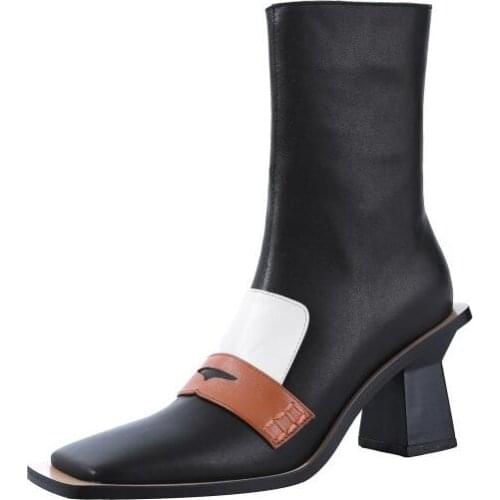 Drop Shipping Woman Brown Black Retro Square Heels Short Boots Top Full Leather Square Toe 6 cm Heels Patchwork Mid-calf Boots