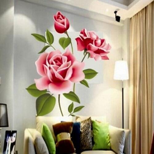 Romantic Love 3D Rose Flower Blossom Wall Stickers Furnishings Living Room TV Decoration Wall Sticker Home Decor Decal Art
