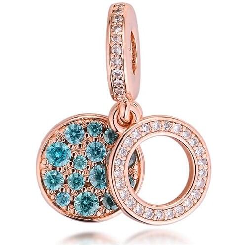 Rose Gold New Sparkling Light Blue Disc Double Dangle Charm its Europe Bracelet 925 Sterling Silver Beads For Jewelry Making
