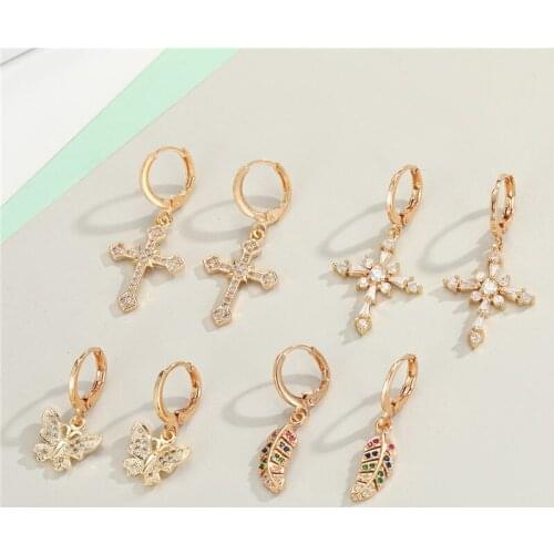 Metal Zircon Feather Butterfly Cross Hoop Earrings For Female Jewelry Rhinestone colorful leaf Animal Mini Circle Dangle Earring