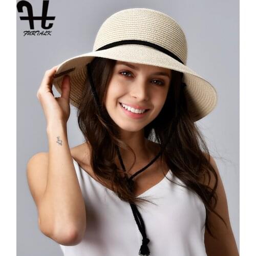 FURTALK Summer Hat for Women Straw Hat Beach Sun Hat Female Wide Brim UPF 50+ Sun Protection Bucket Hats Cap with Wind Lanyard