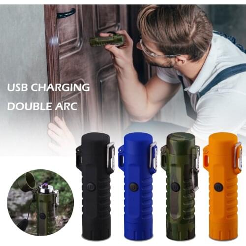 USB Rechargeable Dual Arc Lighter Camping Flashlight Waterproof Electric Lighter