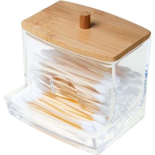 Cotton Swab Storage Bamboo Cover Acrylic Portable Round Container Cotton Puff Storage Box Cotton Swab Remover Cotton Box