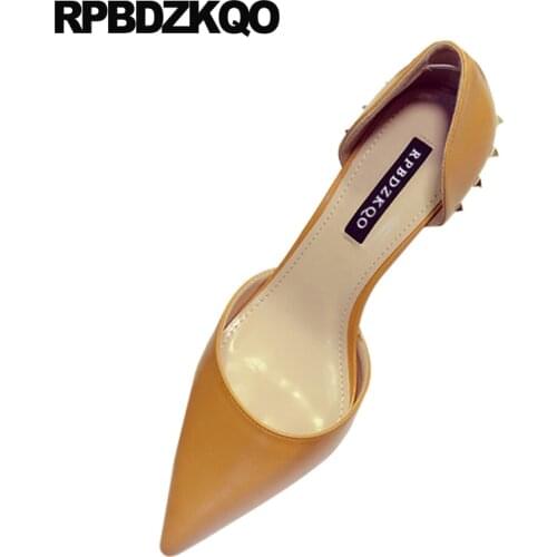 Scarpin Beige 2021 Women High Heels Stud Footwear Stiletto Ladies Yellow Shoes Rivet Pointed Toe Designer New Medium Pumps Thin