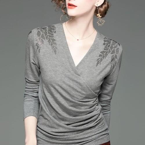 Women Spring Summer Style Blouses Shirts Lady Casual V-Neck Solid Color Gray Black Wrap Blusas Tops ZZ0359
