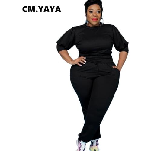CM.YAYA Women Plus Size Tracksuit Full Puff Sleeve O-neck Tops Stretchy Skinny Pockets Pants Two 2 Piece Sets Casual Outfit Fall