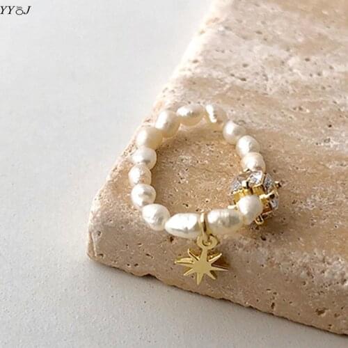 Real pearl beads stretch ring for teengirls star charm zirconia fancy ring y2k jewelry cute kawaii student girls fashion