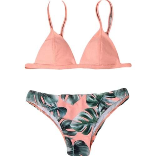 2Pcs Women Summer Sexy Leaves Print Padded Bra Briefs Bikini Set Beach Swimwear