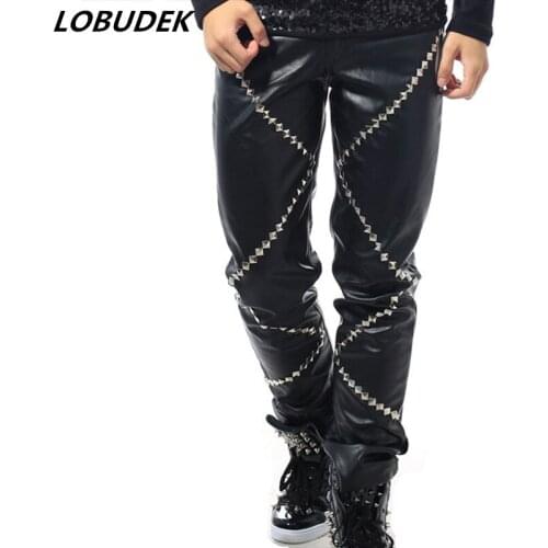 Black Red PU Leather Pants Tide Male Punk Style Rock Singer Stage Outfit Nightclub Hip-Hop DJ Dancer Costume Rivet Long Pants