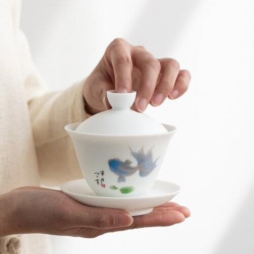 Cover Bowl Tea Cup Home New Style Ceramic Whiteware Large Cover Bowl Tea Bowl Sheep Fat Jade Single Kung Fu Tea Set Gaiwan