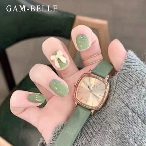 GAM-BELLE Professional Fake Nails Glossy Green Long Ellipse Artificial Plastics Impress Press On Nails False Girls Manicure Tool